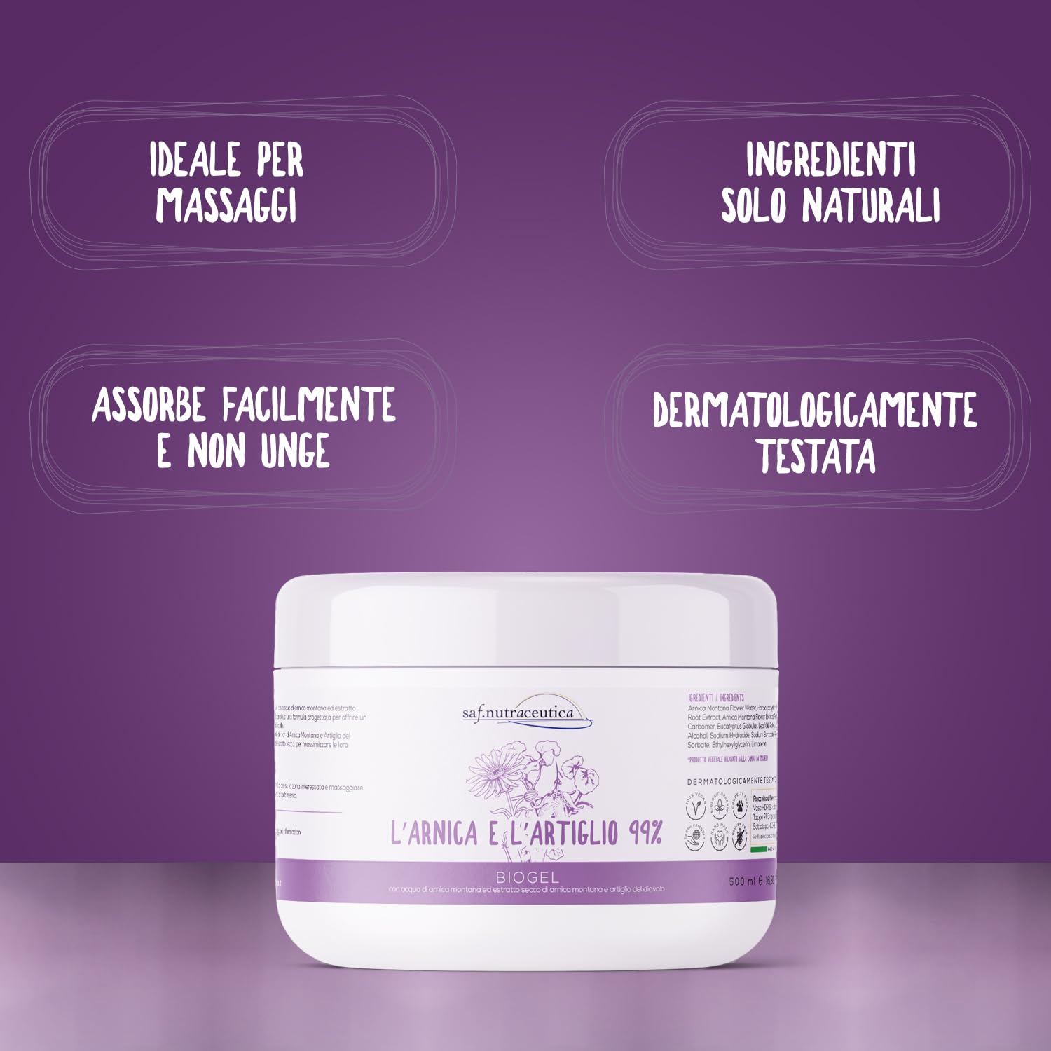 Saf.Nutraceutica - Gel Extra Forte 99% Arnica e Artiglio del Diavolo | Sollievo Muscoli e Articolazioni | Non unge | 100% Made in Italy | Vegan & Cruelty Free, Marrone, 500 ml