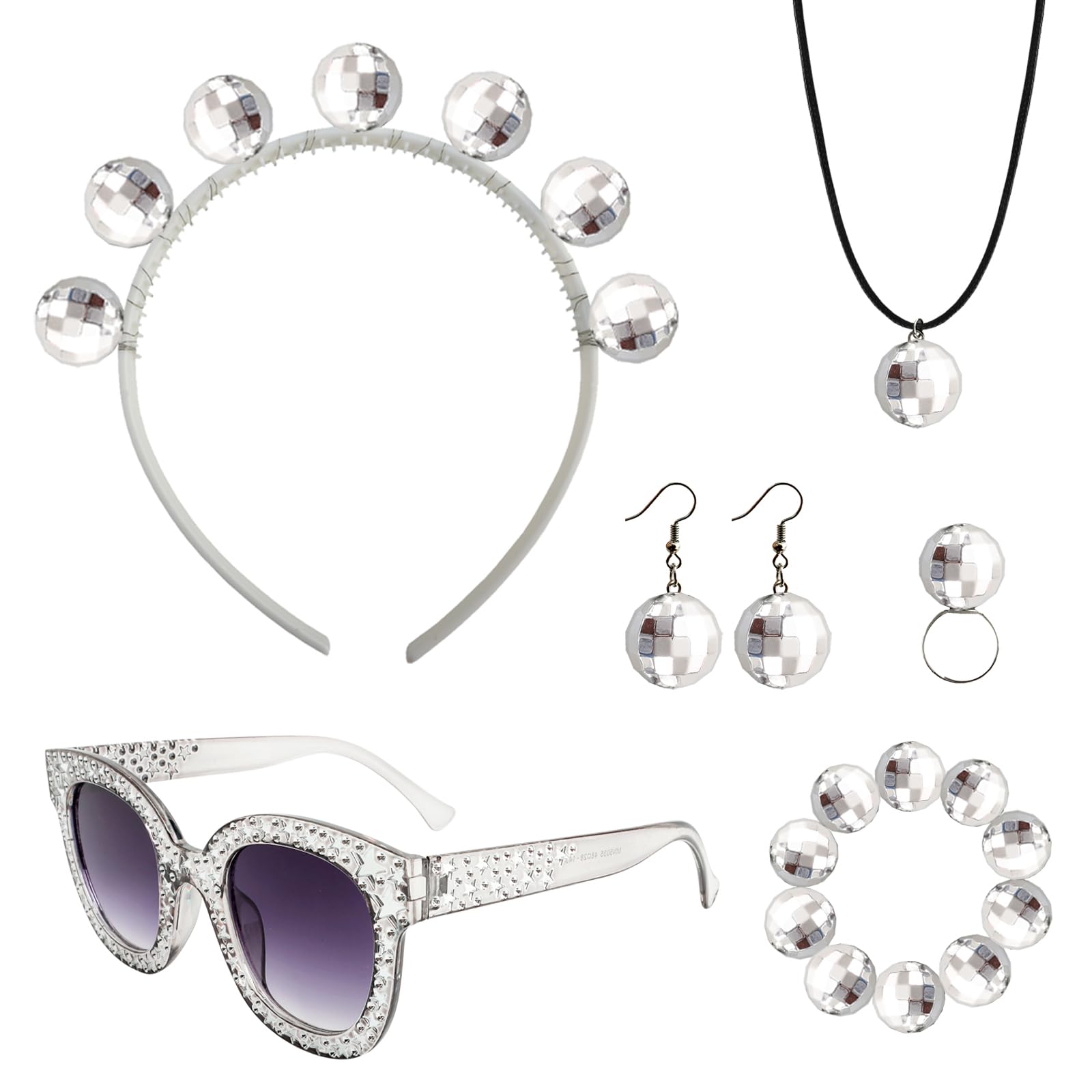 Fumwase 6Pcs 1970s Disco Accessories Set 70s Disco Accessories Women Costume Disco Ball Necklace Disco Earrings 70s Disco Ball Bracelet Sunglasses