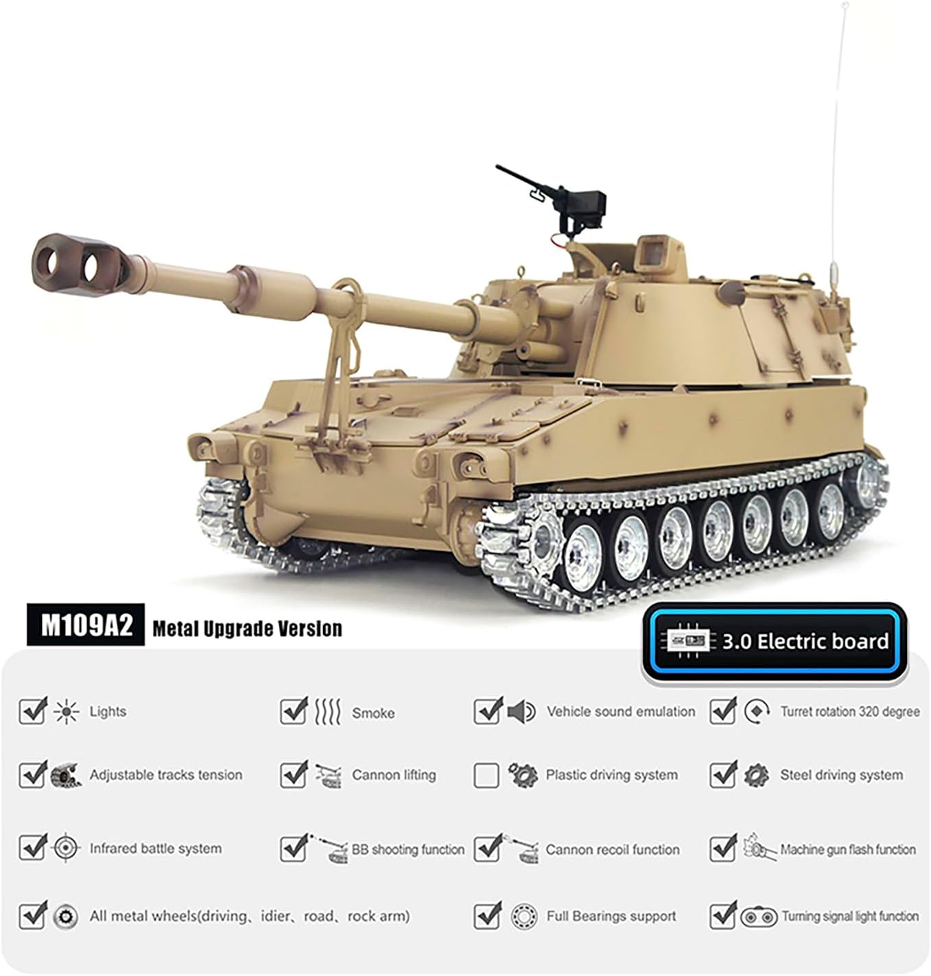 Large Remote Control M109A2 Self-propelled Howitzer RC Tank 1/16 War Military Vehicle Smoke Barrel Turning Cannon Lifting Shooting 50CM (Yellow Upgraded Metal Gearbox RC Tank)