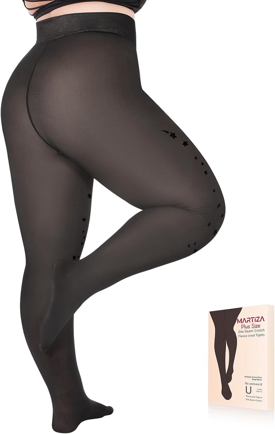 MARTIZA Plus Size Fleece Lined Tights for Women, Fake Translucent Thermal Winter Leggings, Warm Thick Pantyhose for Cold Weather.(Star-3XL-4XL-T)