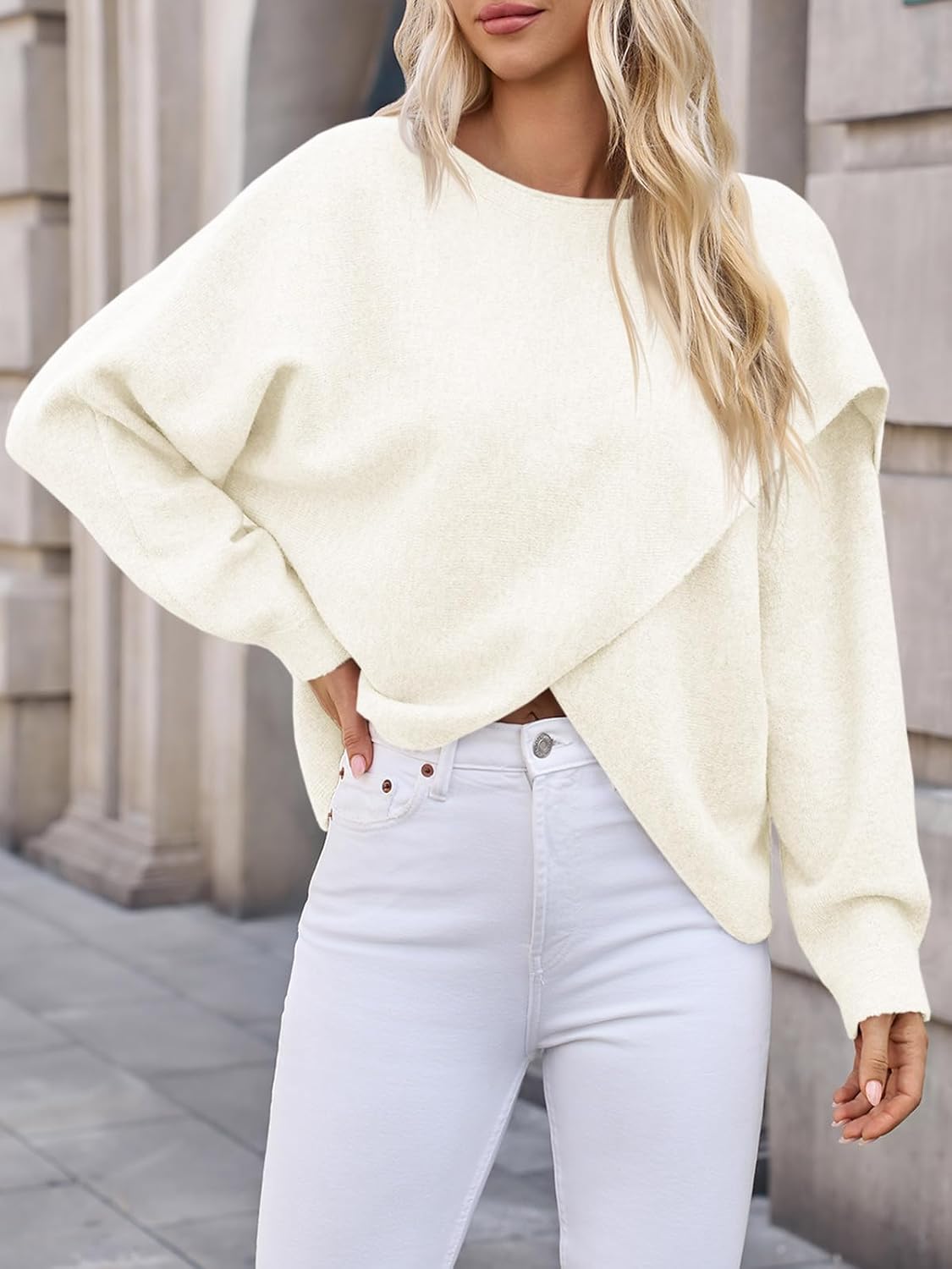 Saodimallsu Womens Oversized Batwing Sweaters Long Sleeve Crew Neck Poncho Slouchy Knit Asymmetrical Pullover Tops - Image 2