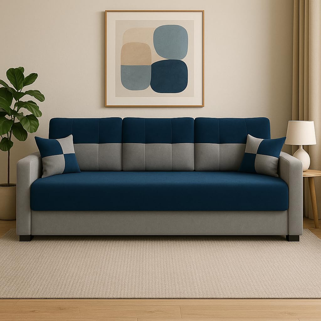FURNY Premium Opula 3 Seater Sofa Set, Fabric 3 Seater Sofa Set for Living Room | with Velvet Fabric | 3- Year Warranty in Dark Blue & Light Grey Color-image-42