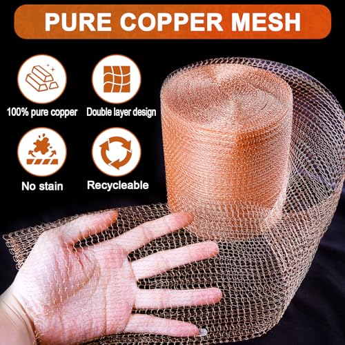Copper Mesh Rodent Control, 5 Inch x 43 Feet Rustproof Pure Copper Wire Mesh Wool Roll for Rodent Mice Hole Filler, Bat Snail Barrier, Gardening and Sealing Water Opening, with Scissors and Wood Stick