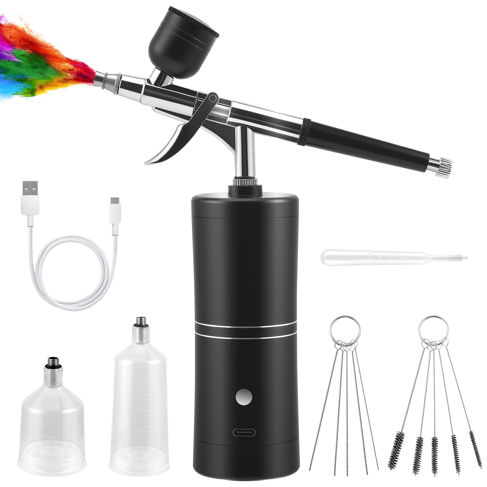 Kit aerografo con compressore – portatile e ricaricabile, con ugello da 0,3 mm, 5 aghi per pulizia e cavo di ricarica USB-C. Adatto per modellismo, cosmetici, nail art e decorazione torta