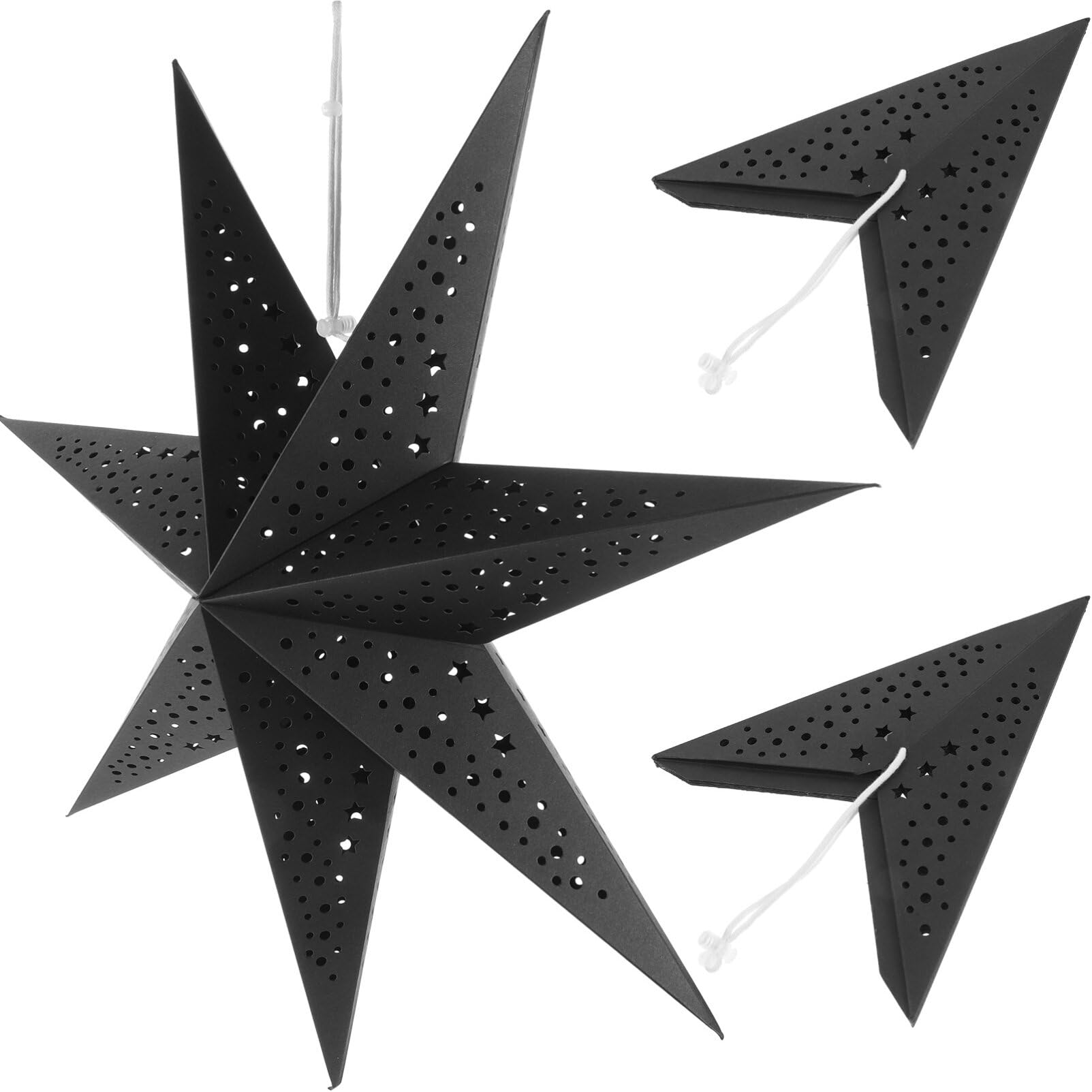 DOITOOL 3 PCS Christmas Paper Star Lantern Lampshade 3D Paper Star Hanging Decoration 6 Pointed Paper Star Lampshades Xmas Tree Ornaments for Christmas Wedding Party Holiday Birthday, Black