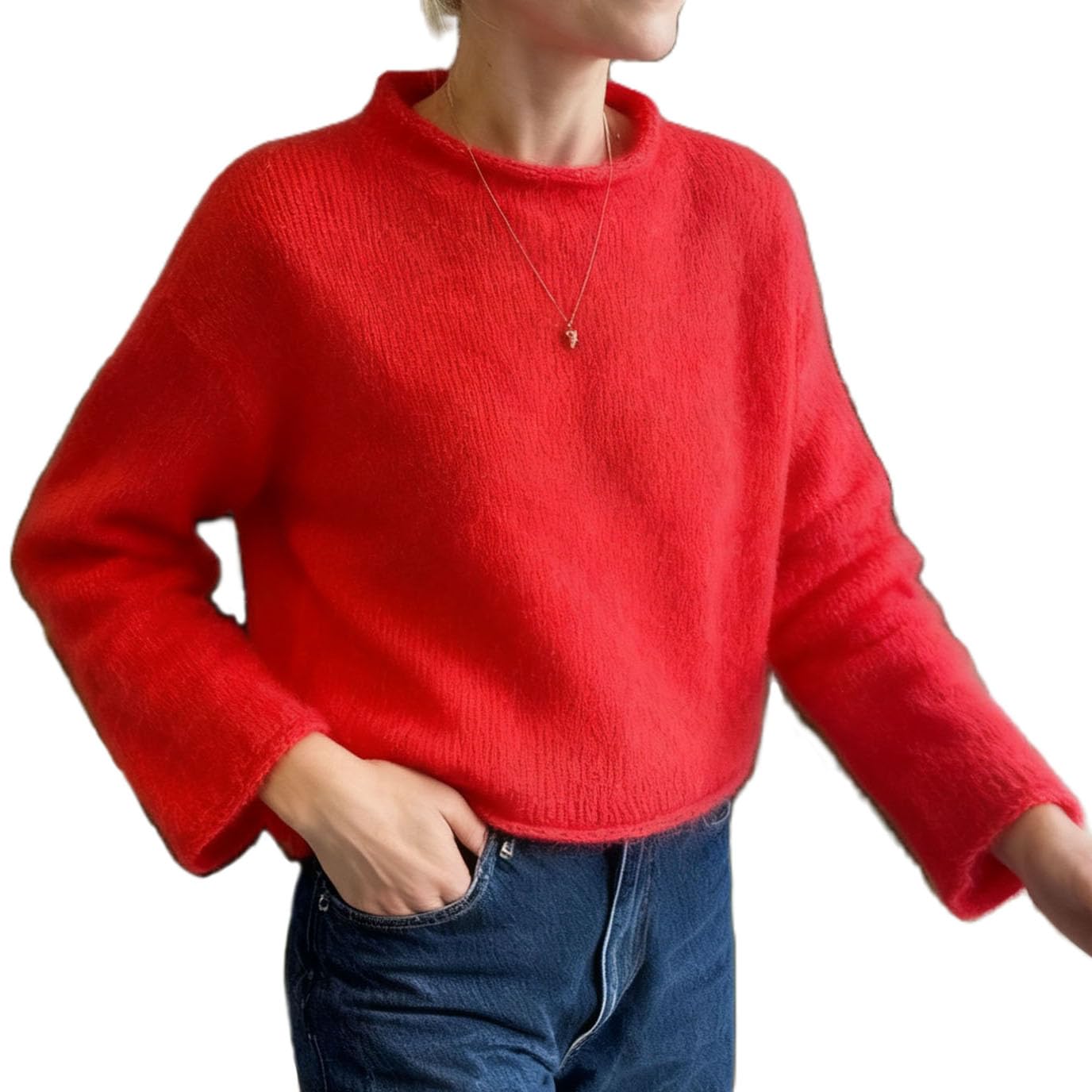 Mxiqqpltky Casual Fuzzy Sweater for Women Mock Neck Long Sleeve Loose Fit Crop Jumper Tops Trendy Going Out