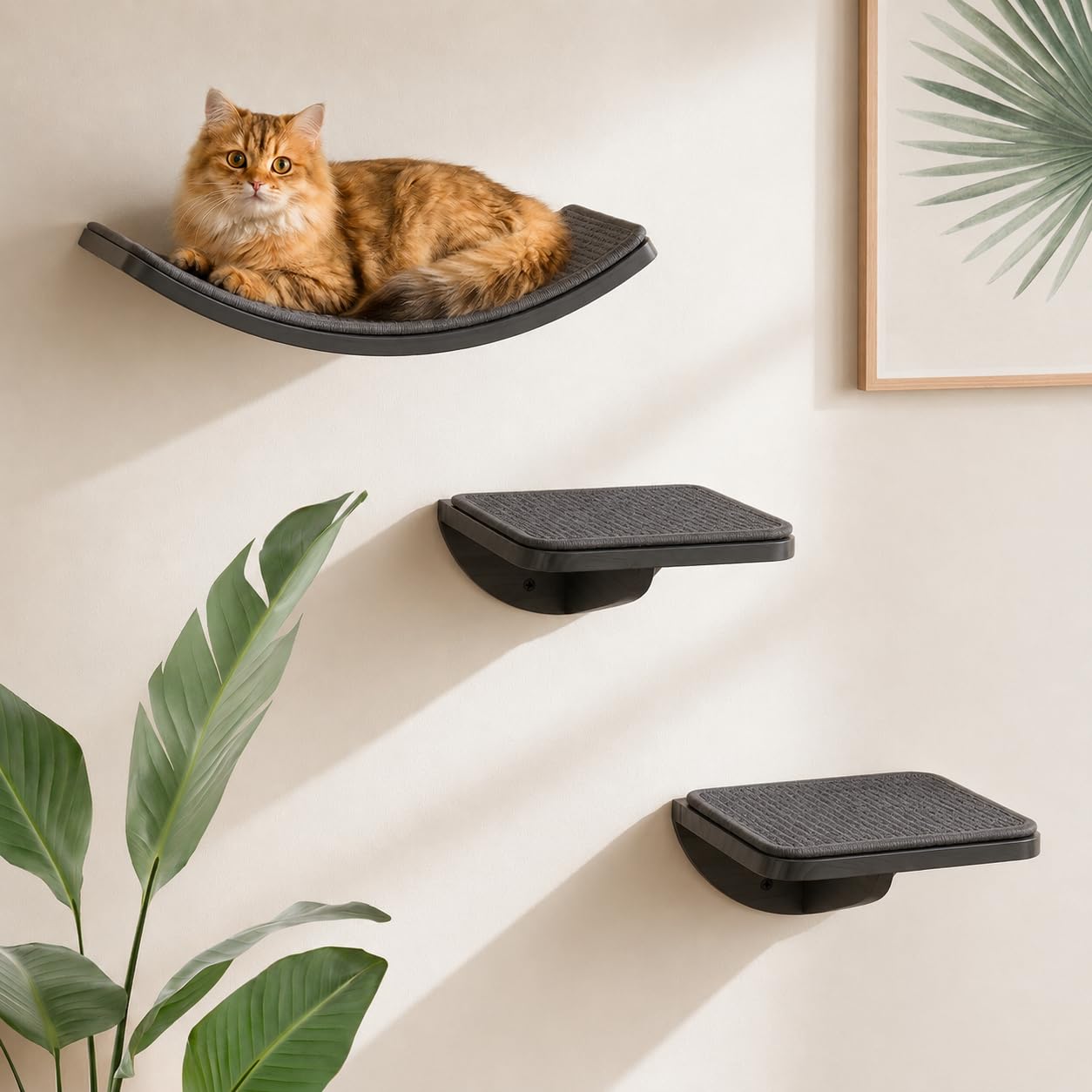 Cat Climbing Frame Set with Scratching Mat, Wall Mounted Cat Furniture Set with 2 Steps and Curved Platforms, Wooden Cat Shelves for Sleeping and Playing