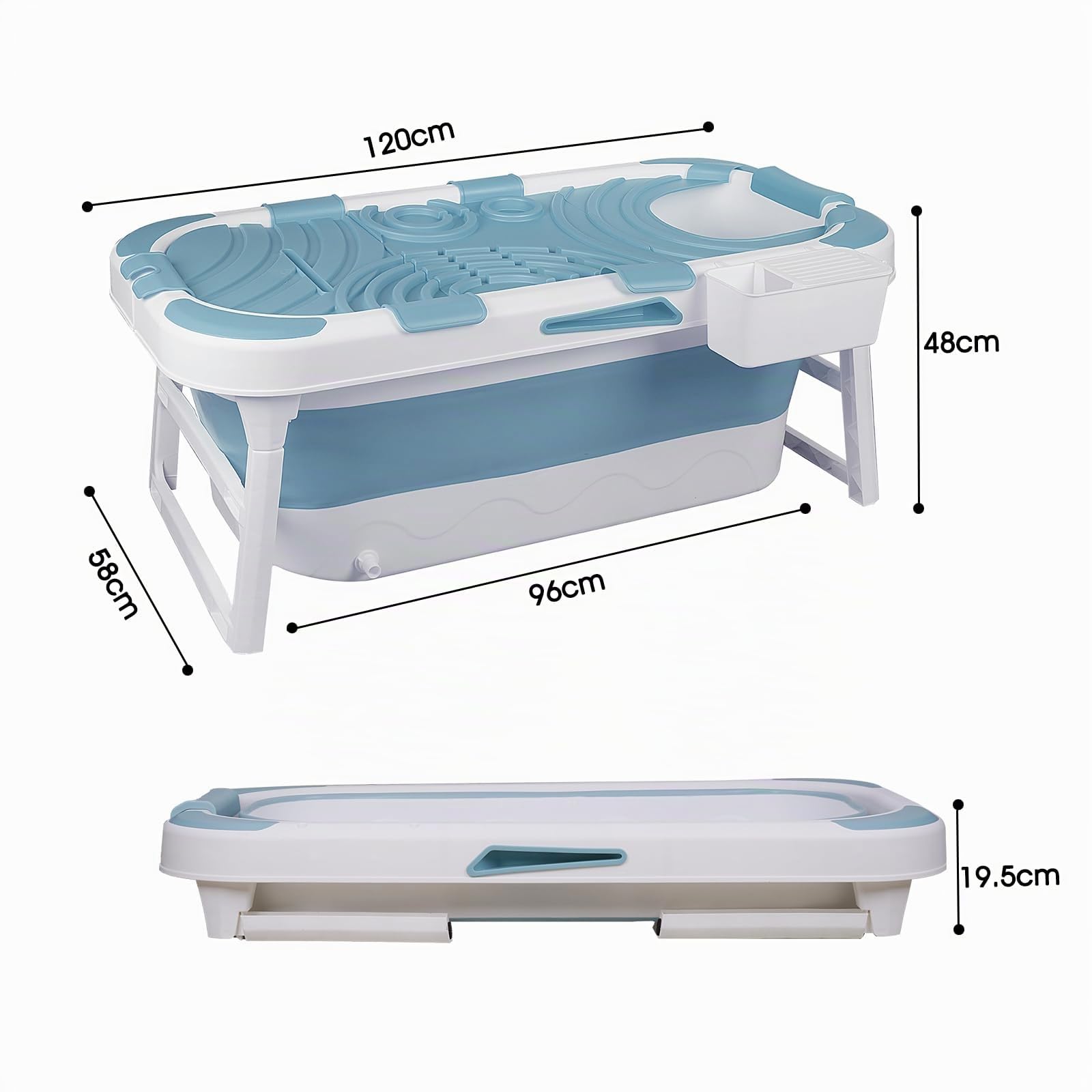 Faltbare Badewanne Erwachsene, Mobile Klappbadewanne mit Abnehmbarer Abdeckung, Tragbare Bathtub für Dusche & Badezimmer, Sitzbadewanne mit Seifenkorb & Nackenkissen Blau