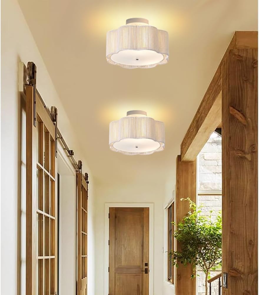 13.4" Rattan Flush Mount Ceiling Light Fixtures,3-Light Boho Nursery Light Fixtures Ceiling Mount for Bedroom,Mini Rattan Chandelier,White Small Chandelier Lighting for Dining Room Hallway