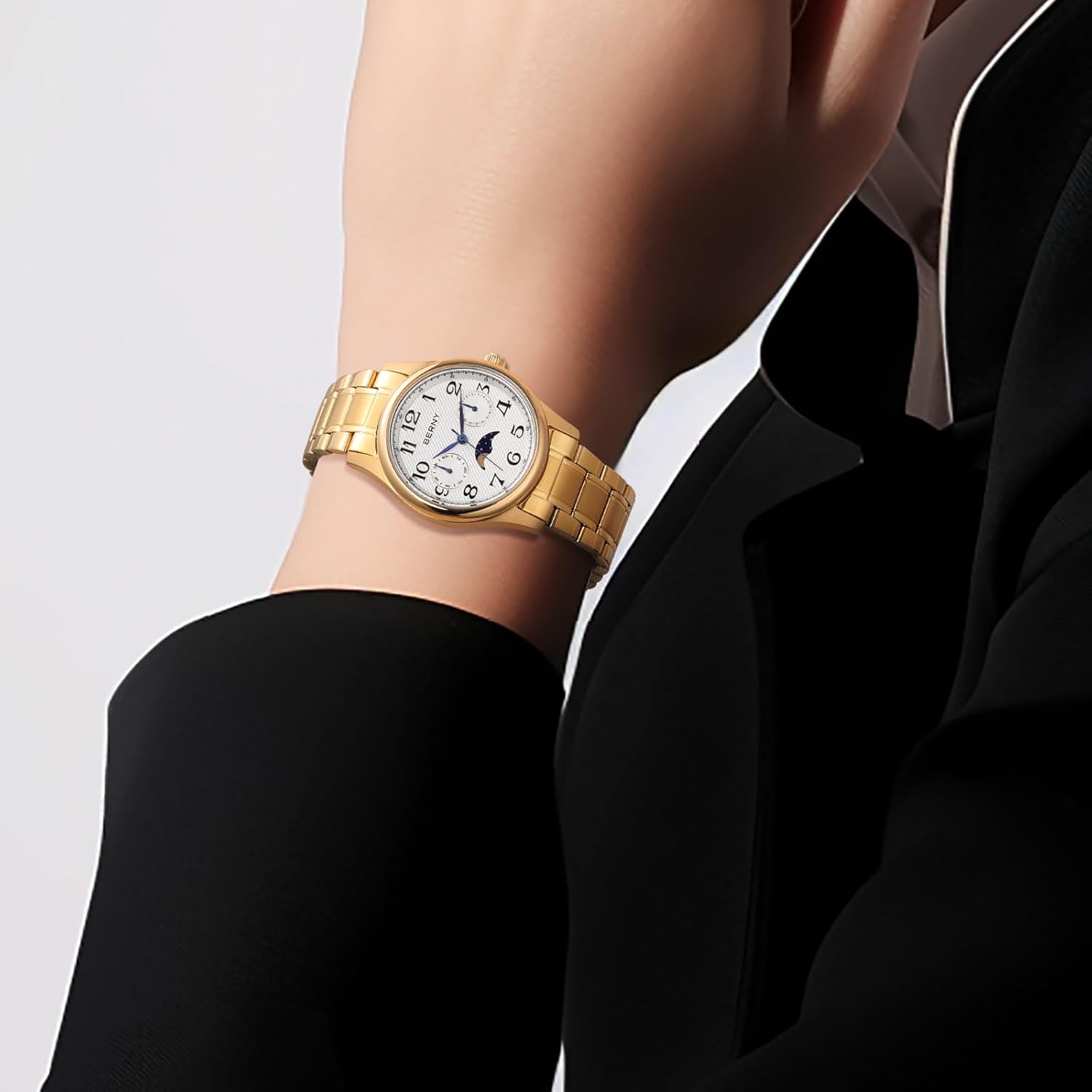 BERNY Gold Watch for Women Moon Phase Watches Ladies Quartz Wristwatch Easy Read Arabic Numerals Dial Multi-Function Analog Watches Stainless Steel Case Sub-dail with Date Day Calendar - Image 6
