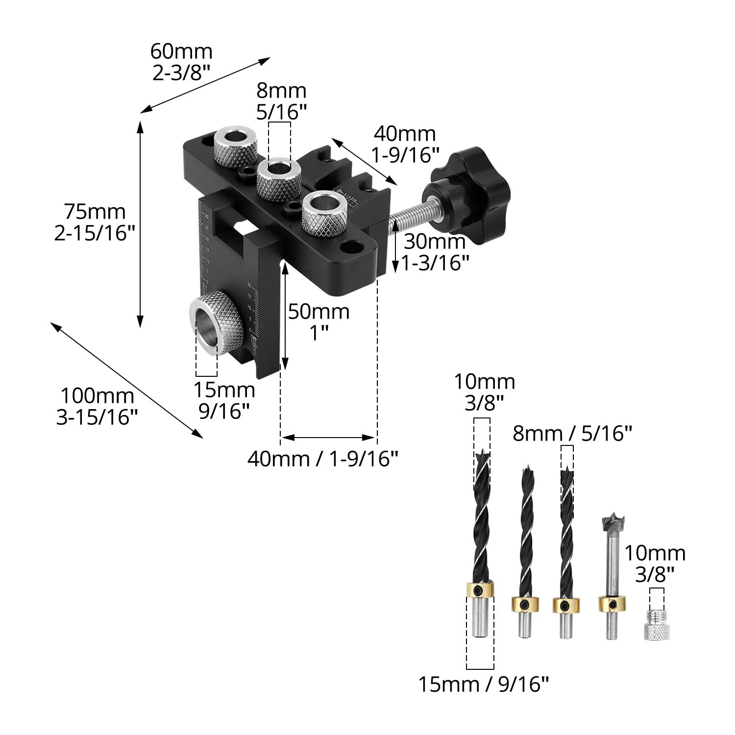 QWORK® Kit di Dima per Spinatura Legno 3 in 1 - Guida per Trapano con Punte 8mm, 10mm, 15mm - Include Boccole di Perforazione e Blocco di Posizionamento