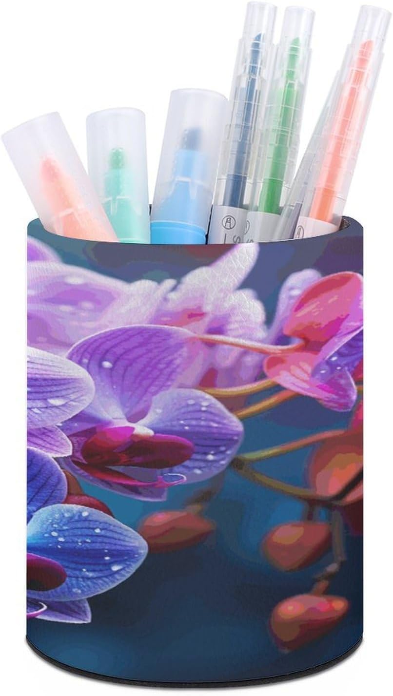 Colorful Orchids Flower Pen Holder Cup Fashion PU Leather Pencil Cup Minimalist Pen Organizer Round Pencil Holder Stand Work Locker Accessories for Decoration Desk Office Home
