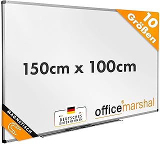 OfficeMarshal Magnetisches Whiteboard 150x100cm mit Alurahmen und abnehmbare Stiftablage für Büro, Heim und Schule, Magnettafel Kratzfest und trocken abwischbar | Magnetboard