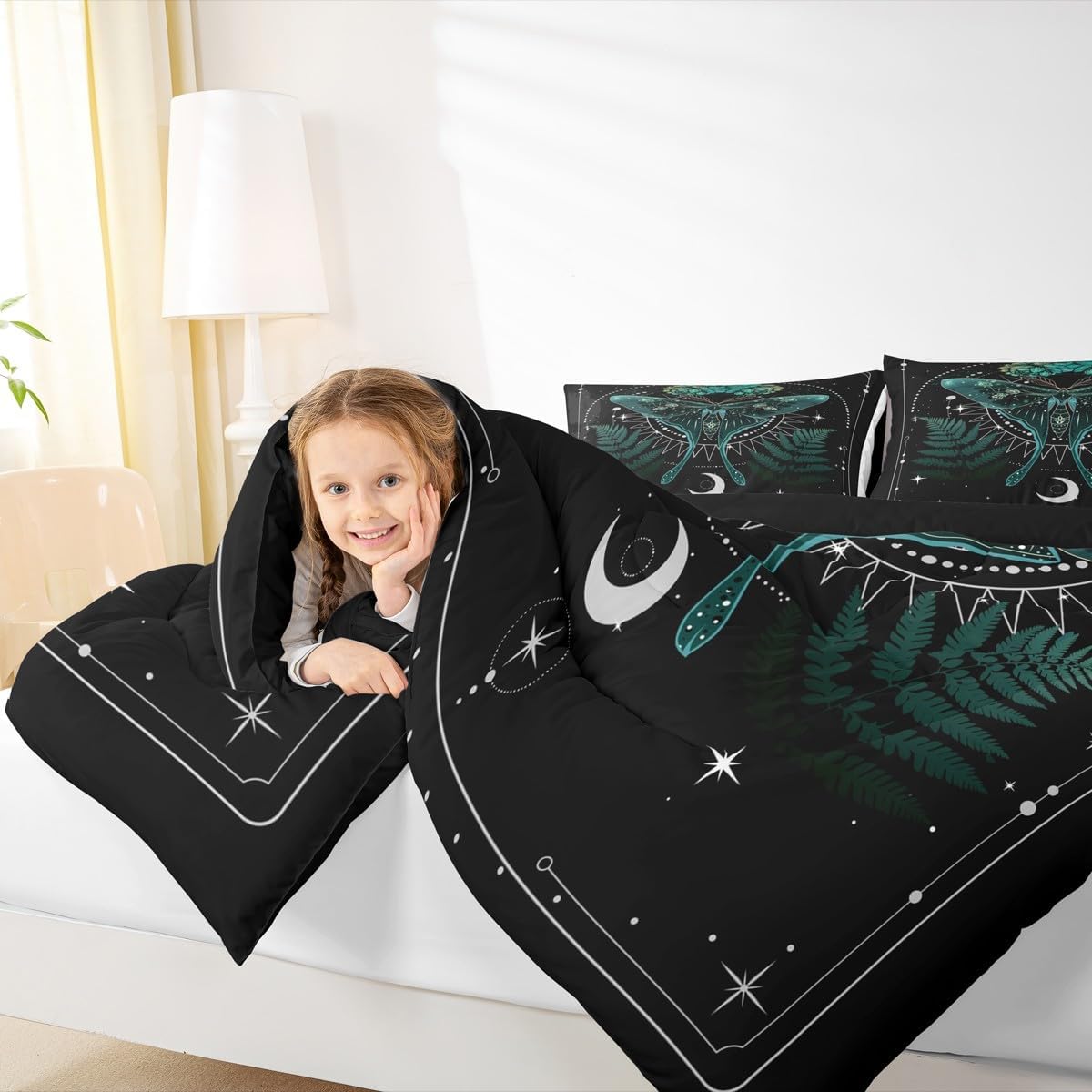 Castle Fairy Moth Comforter Set King Size,Boho Stars Moon Space Leaves Plant Bedding Set All Season Quilt Set,Gothic Animal Galaxy Microfiber Polyester Down Comforter