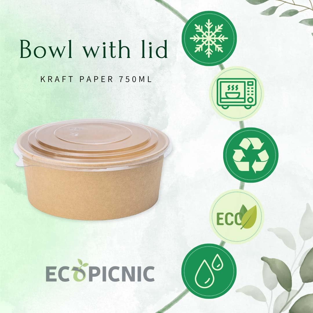 Ensaladeras Redondas de Papel Kraft con Tapa PET 300 unidades 750 ml | Cuencos desechables de cartón kraft con tapa, ideales para ensaladas, sopas, aperitivos y alimentos para llevar