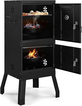 Vertical Charcoal Smoker with Double Doors & 2 Detachable Grill Racks Outdoor BBQ Smoker Oven with Adjustable Air Vents, Thermometer & Water Pan Heavy-Duty Camping/Backyard Grill 40.5x39x