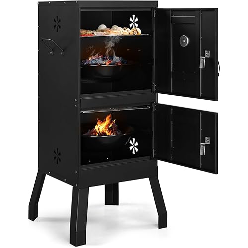 ROVSUN 2-in-1 Outdoor Smoker with Double Doors, Vertical Portable Charcoal Grill with Two Detachable Grill Smoking Racks and Charcoal Pan, Perfect for Camping Barbecue, Black