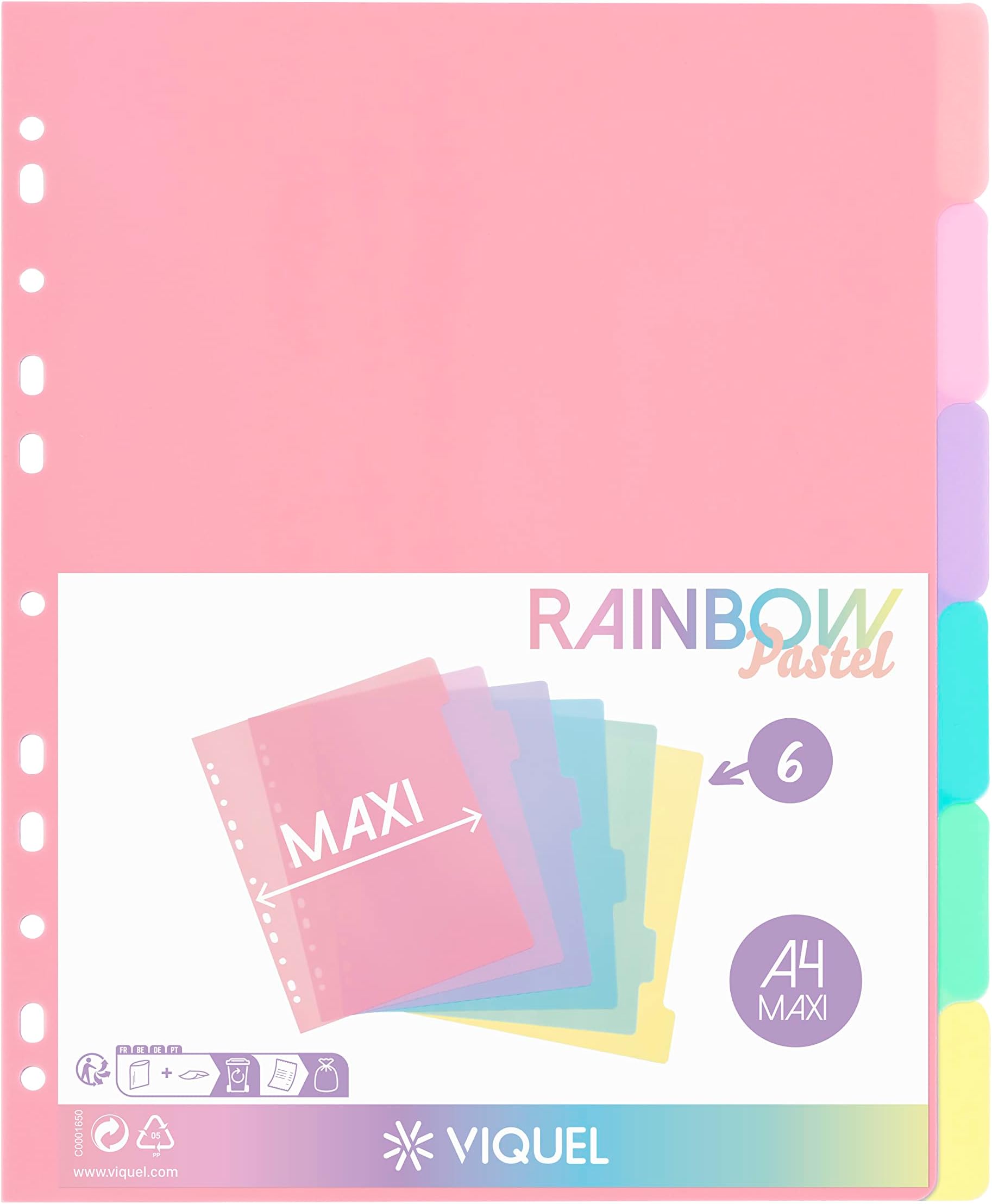 Viquel - Set of 6 Plastic dividers Rainbow Pastel - Maxi Format (24.5 x 30.5 cm) - for A4 Maxi Format Binder or Lever Arch File - Pastel Colour