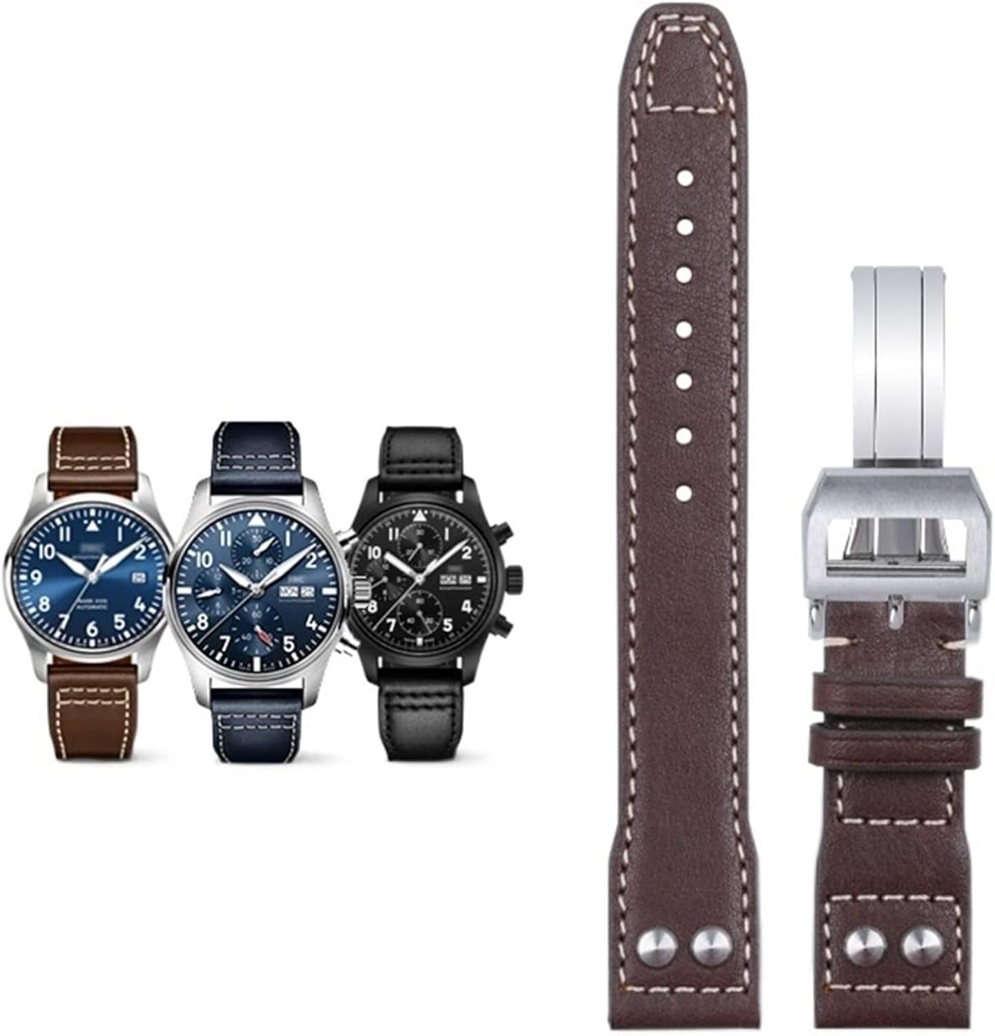 HAODEE Correa de reloj remache de cuero genuino suave de 20 mm para correa IWC para Big Pilot Mark 18 Portofino (color: hebilla de plata marrón, tamaño: 20 mm)