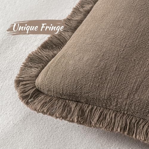 Image of MIULEE Decorative Lumbar Throw Pillow Covers Neutral Linen Fringe Throw Pillows Set of 2 Cocoa Brown Boho Farmhouse Cushion Covers for Couch Sofa Bed Living Room Fall Home Decor 12x20 Inch