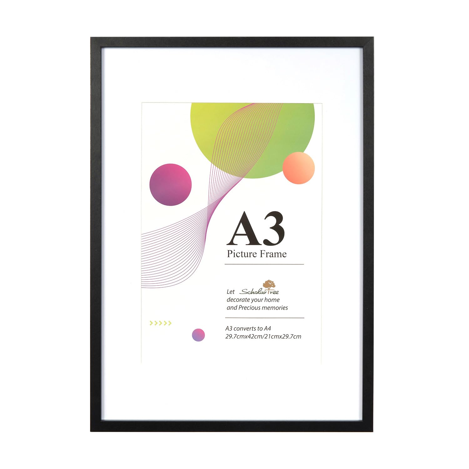 Scholar Tree A3 Frame, 1 Pack A3 Black Frame, Black Picture Frames 29.7 x 42 cm, Wooden Photo Frames with A4 Mount