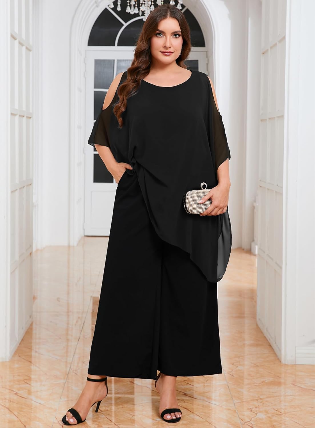 ZOMVA Plus Size Mother of The Bride Pant Suits Dressy 2 Piece Asymmetric Cape Set with Pockets Wedding Guest Outfit - Image 3