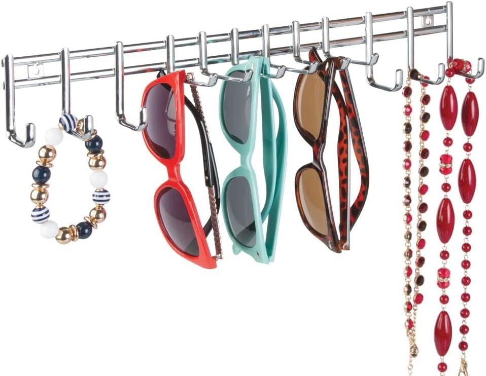 mDesign Closet Wall Mount Metal Accessory Organizer and Storage Center - Modern Slim Holder for Womens and Mens Ties, Belts, Scarves, Sunglasses, Watches - Hardware Included- 12 Hooks - Chrome