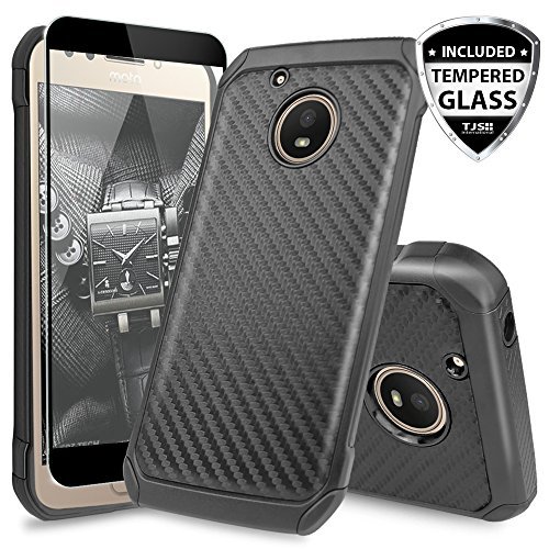 TJS for Motorola Moto E4 Case, [Full Coverage Tempered Glass Screen Protector] Dual Layer Hybrid Shockproof Drop Protection Impact Rugged Case Armor Cover Compatible Motorola Moto E4 (Black)