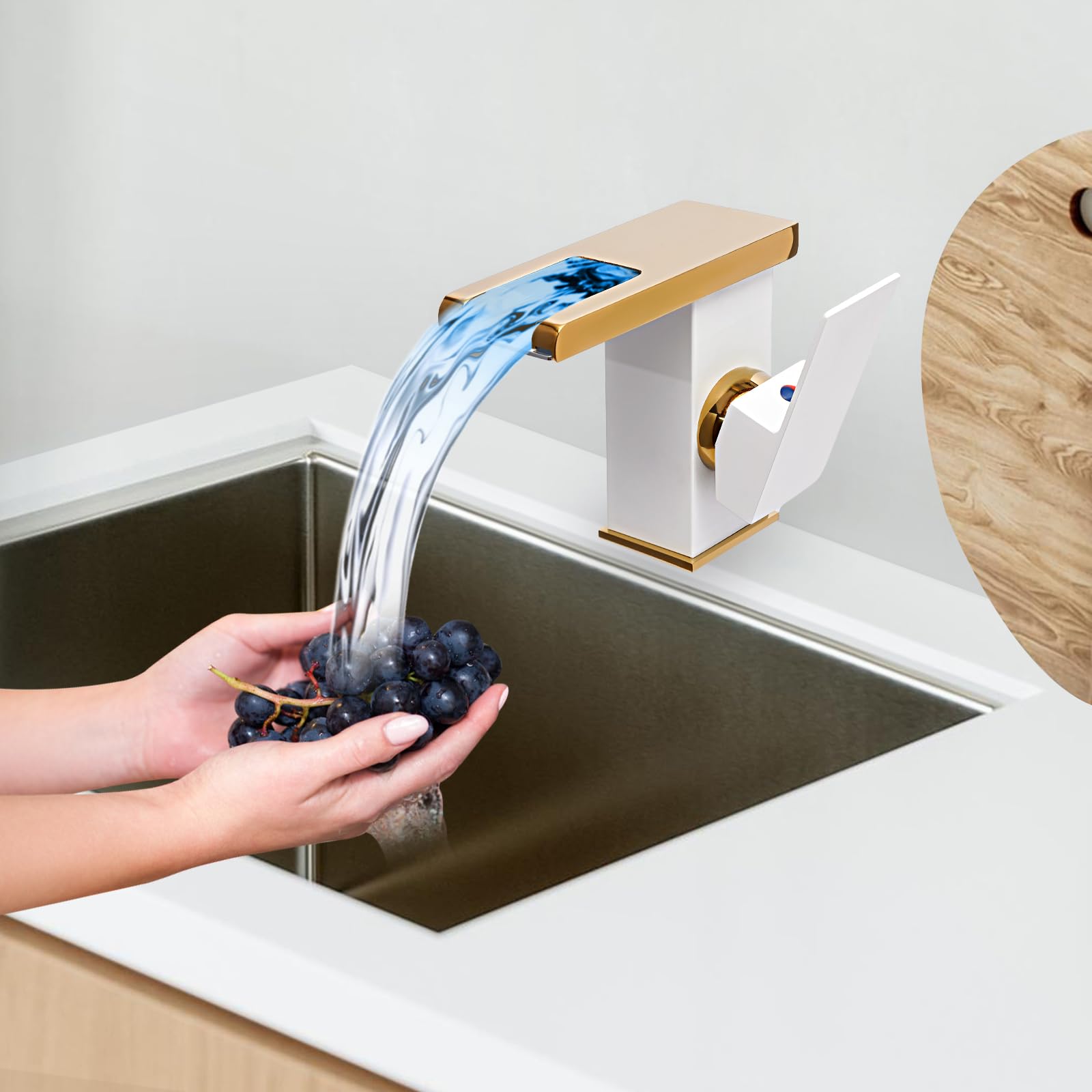 Robinet de lavabo cascade blanc en cuivre, voyants LED de contrôle de la température, robinet d'évier avec poignée unique, mitigeur pour eau chaude et froide