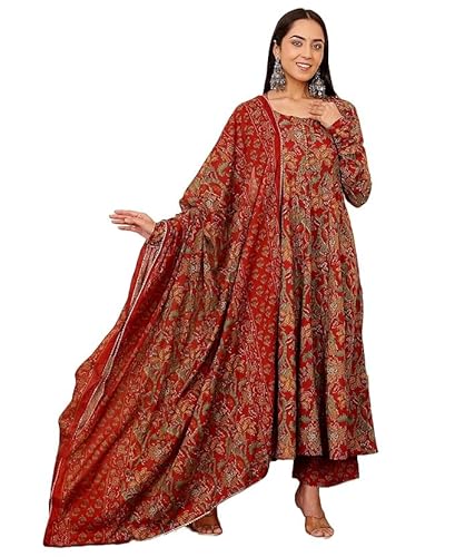 Women's Rayon Printed Anarkali Suit Set with Pant & Dupatta