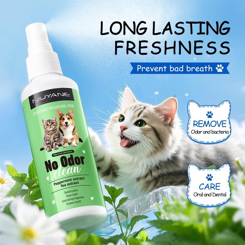 PET Cat Dental Care Spray, Peppermint Freshen Oral Spray, Prevent Bad Breath & Infections, Relieve Gum Redness, Reduce Plaque & Tartar, No Brushing, 3.52 Fl Oz