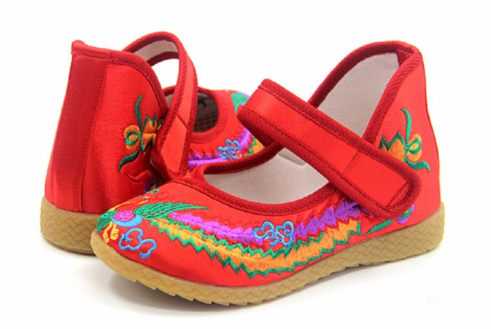Tianrui Crown Children Girl's Phoenix Embroidery Mary-Jane Shoes Kid's Cute Flat Cheongsam Shoe Red