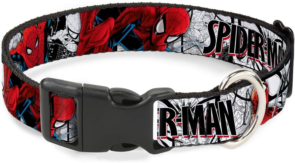 Buckle-Down Dog Collar Plastic Clip Spider Man Action Poses Comic Scenes White Black Red 13 to 18 Inches 1.5 Inch Wide