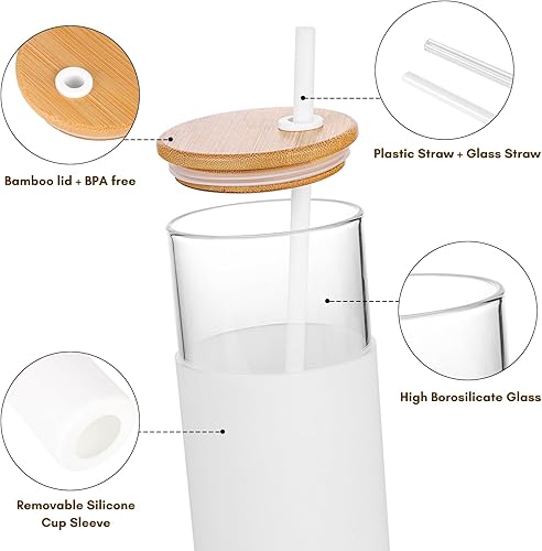 Miniatura 3 de Moretoes Vaso de vidrio de 20 onzas con tapa y popote, botella de agua de vidrio, funda protectora de silicona de bambú, juego de vasos para café y