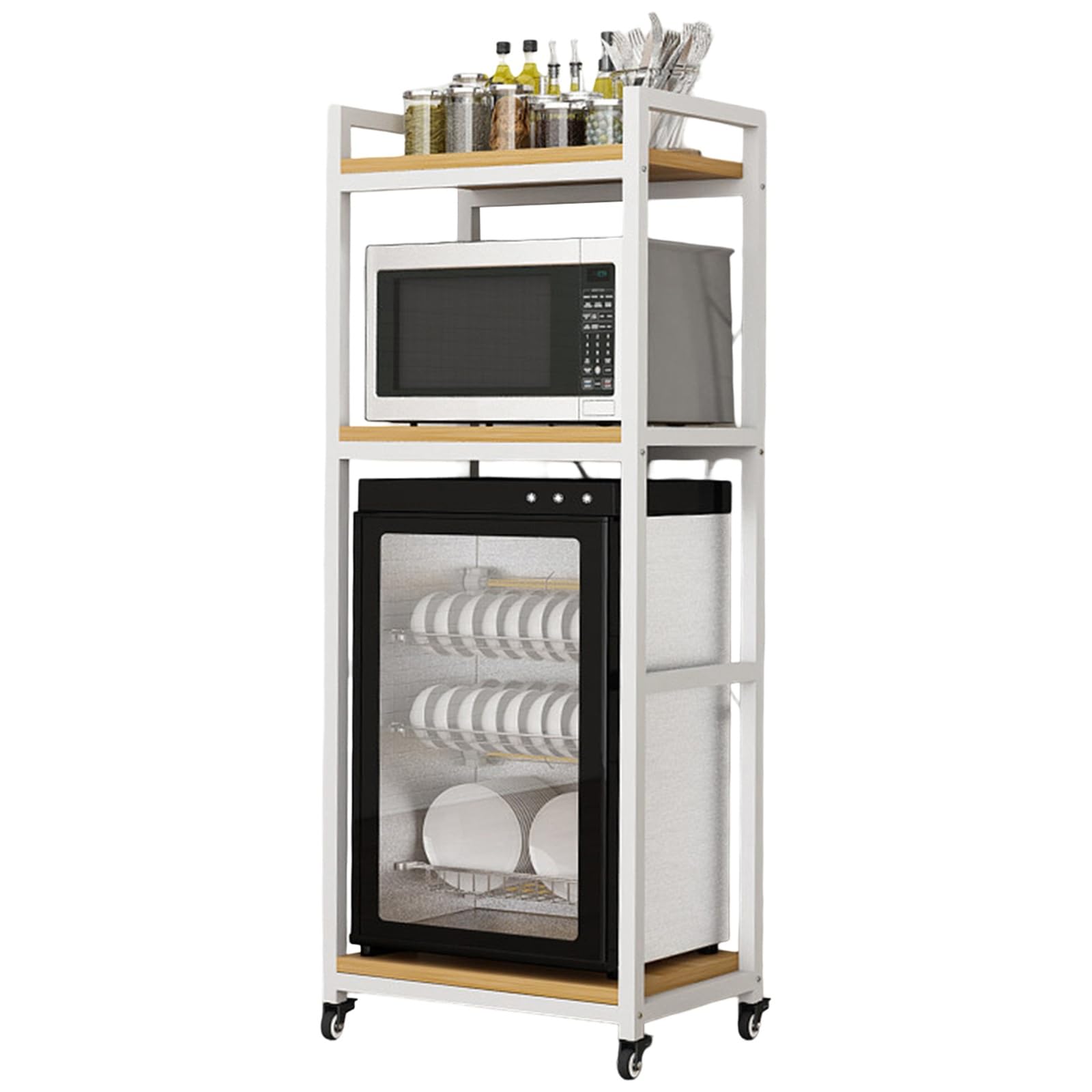 Carrello per microonde su ruote, organizer da cucina regolabile a 3 livelli con metallo e MDF, supporto salvaspazio per forno a microonde e mini frigorifero, scaffale per rollare