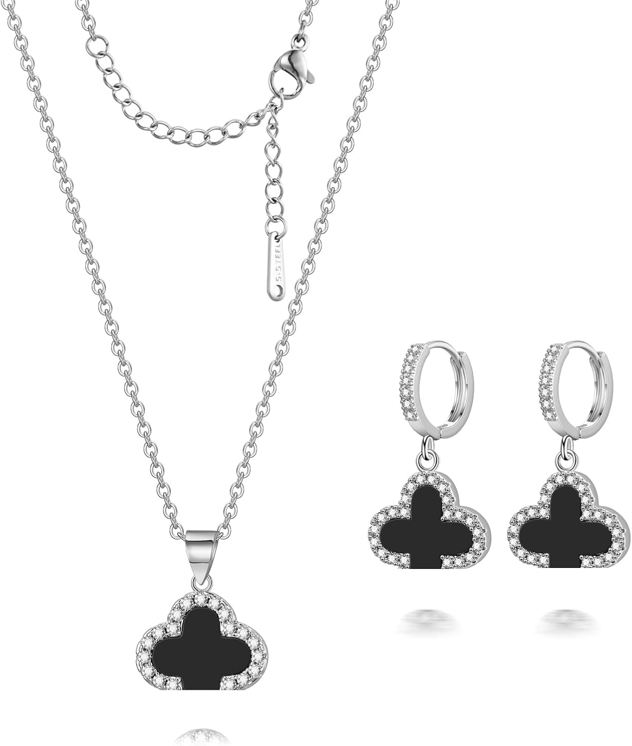 Clover Necklace and Clover Earrings Black White Green Red Pendant 18k Gold Plated Lucky Clover Jewelry Set for Women Trendy