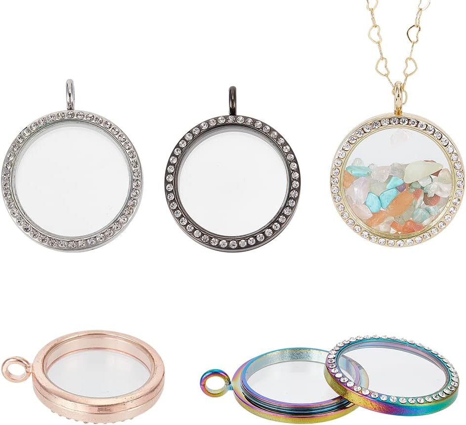 PH PandaHall 5pcs Rhinestone Photo Frame Charm, 5 Colors 35mm Round Crystal Double-Sided Picture Frame Memory Locket Charm Alloy Dangle Charms for Wedding Bridal Bouquet Keychain Jewelry Making