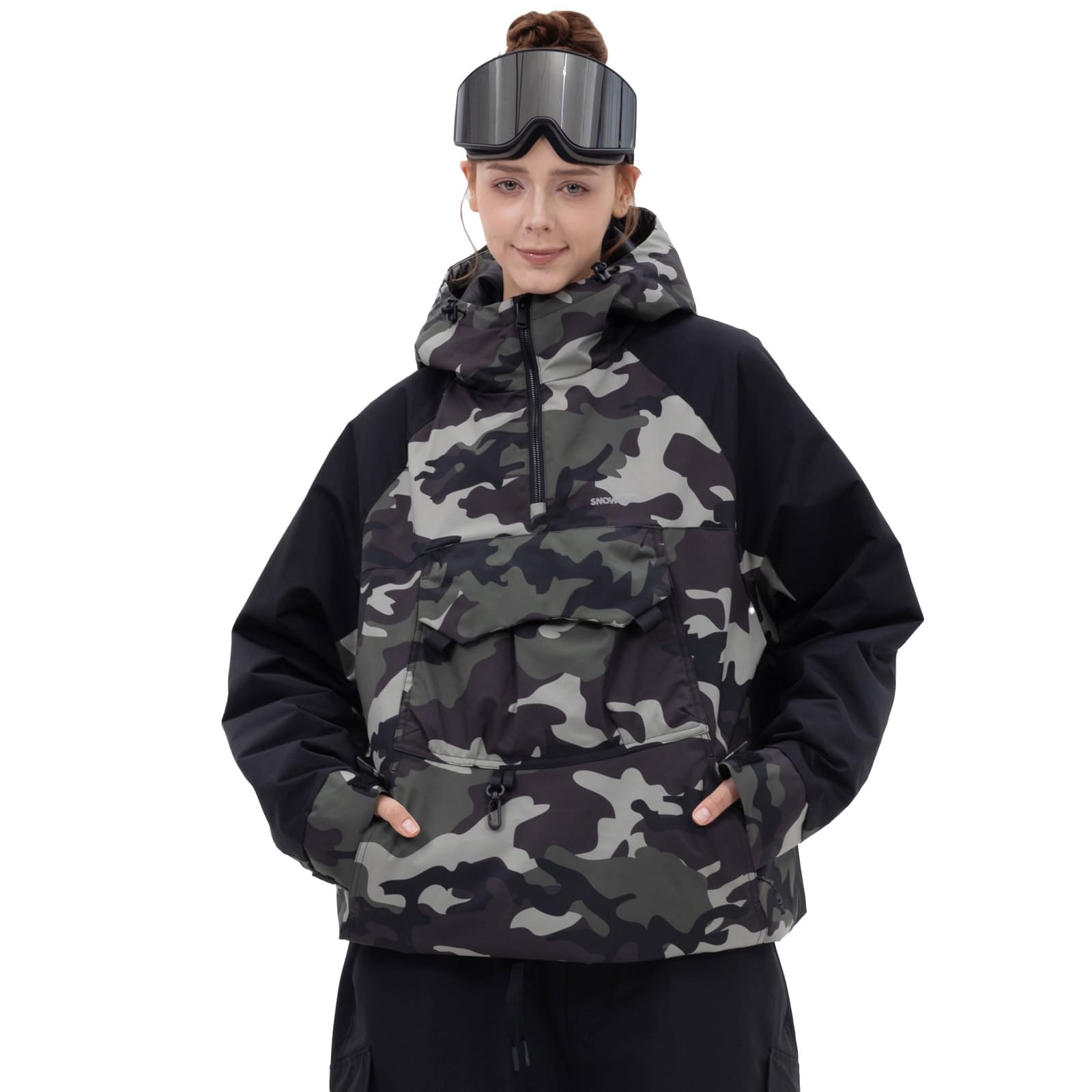 SNOWVERB Damen Snowboard Baggy Anorak halber Reißverschluss Schneejacke Camo Leopard Wasserdicht Mountain Ski Mantel mit Kapuze