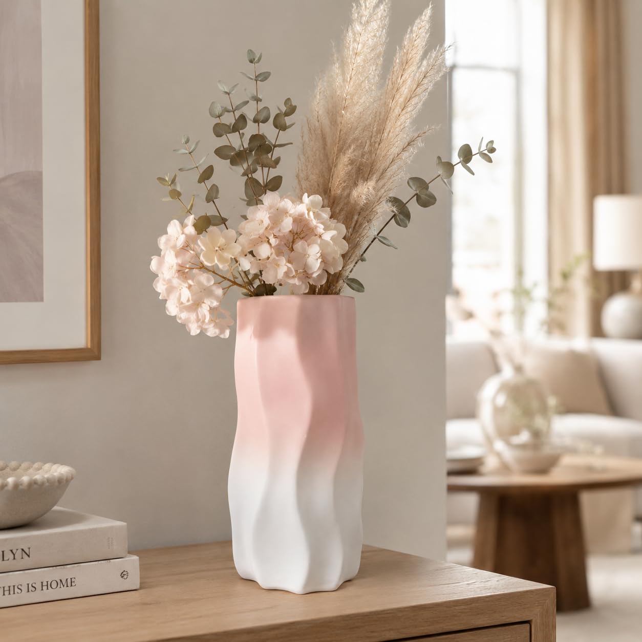 Plastic Flower Vase for Home Decor, Ceramic Look Matte Ombre Vases, Pink & White Decorative Pot for Living Room, Table, Shelf, Office, Bedroom, Lightweight Unbreakable, 19 cm, Pink-image-23