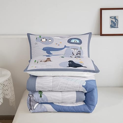 Miniatura 5 de Castle Fairy Juego de ropa de cama de animales lindos tamaño King, juego de edredón de pingüino, ballena ártica, morsa y pingüino, decoración de