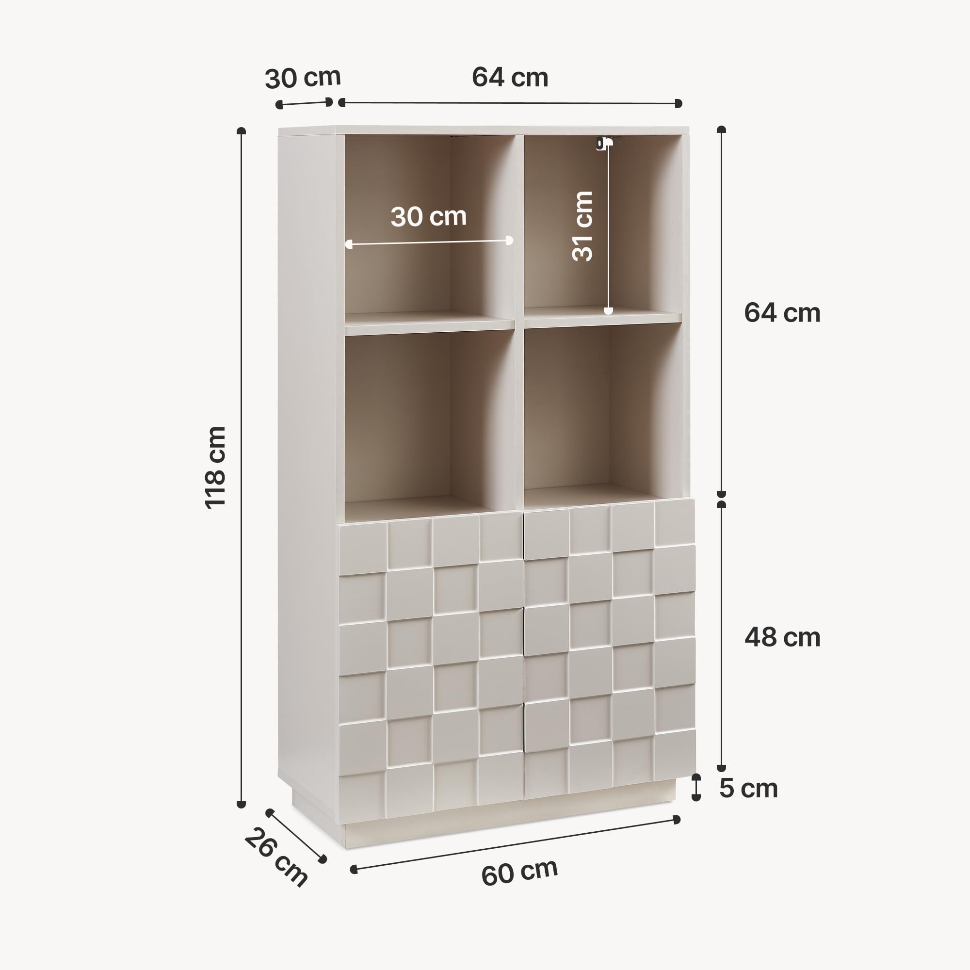 [en.casa] Highboard Wohnzimmer Bopibobro Hochschrank mit 2 Türen 3D-Front Büroschrank 4 Fächer 118 x 64 x 30 cm Kommode Beige