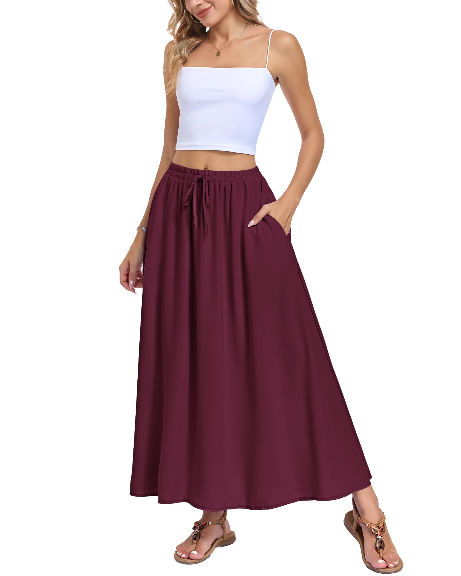 AUSELILY Damen Rock Lang mit Taschen Hohe Taille A-Linie Maxirock Elastisch Kordelzug Sommer Boho Röcke Casual Flowy Strandrock