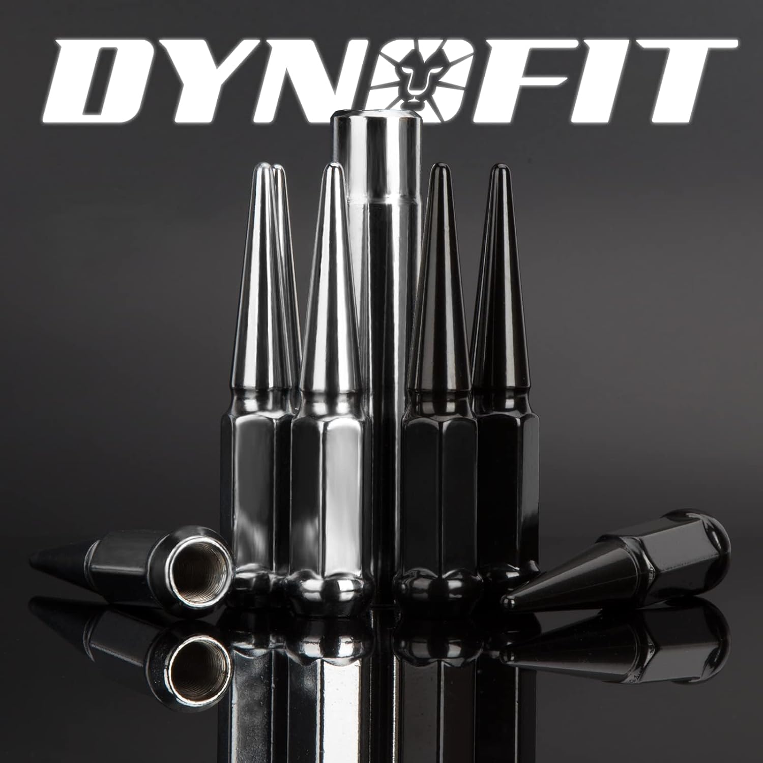 DYNOFIT 14mmx1.5 Spike Lug Nuts, 32PCS Chrome M14x1.5 Lug Nut, 4.4 inch Tall Closed End Nuts with 1 Socket Key Compatible with Chevy Silverado 1500 GMC Sierra 2500 3500,F250 F350 2003-2016