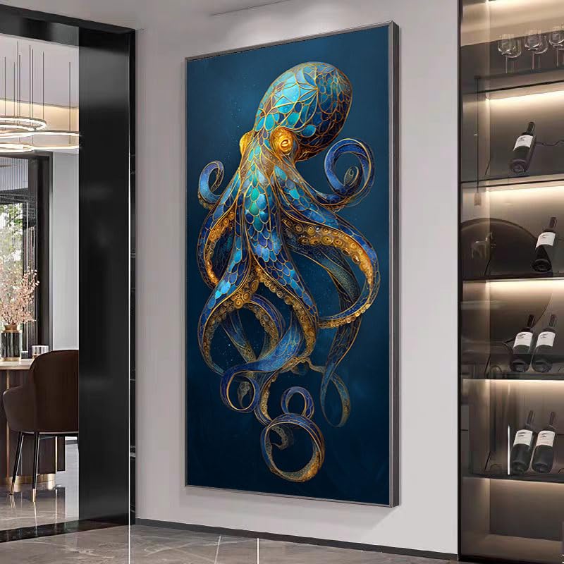 Lienzo impreso de pulpo dorado, ideal para dar un toque marino y moderno al dormitorio.
