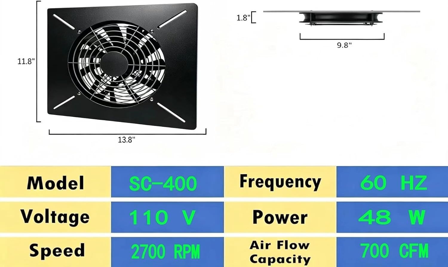 400 cubic feet per minute ultra-thin irreversible ventilation fan, stainless steel, suitable for cellars, greenhouses, garages
