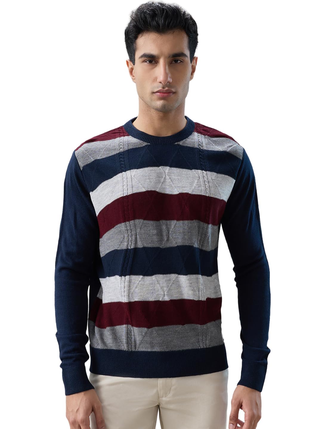 Men Regular Fit Stripe Pattern Pure Acrylic Full Sleeve Round Neck Casual Sweater Dark Blue-image-13