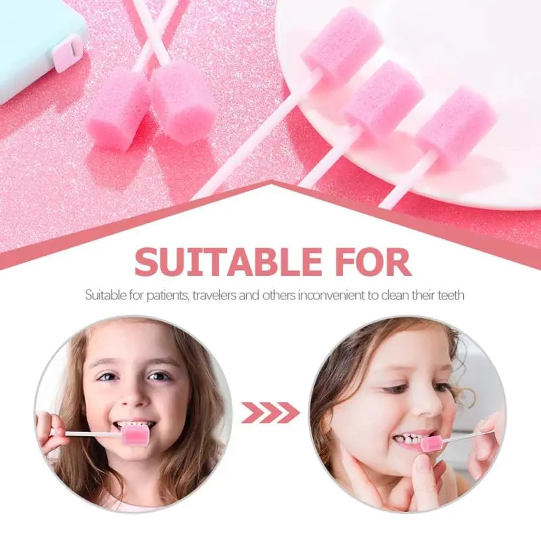 100 tamponi in spugna per l'igiene orale, usa e getta, con bastone, rosa, comodi tamponi dentali per la pulizia dei denti