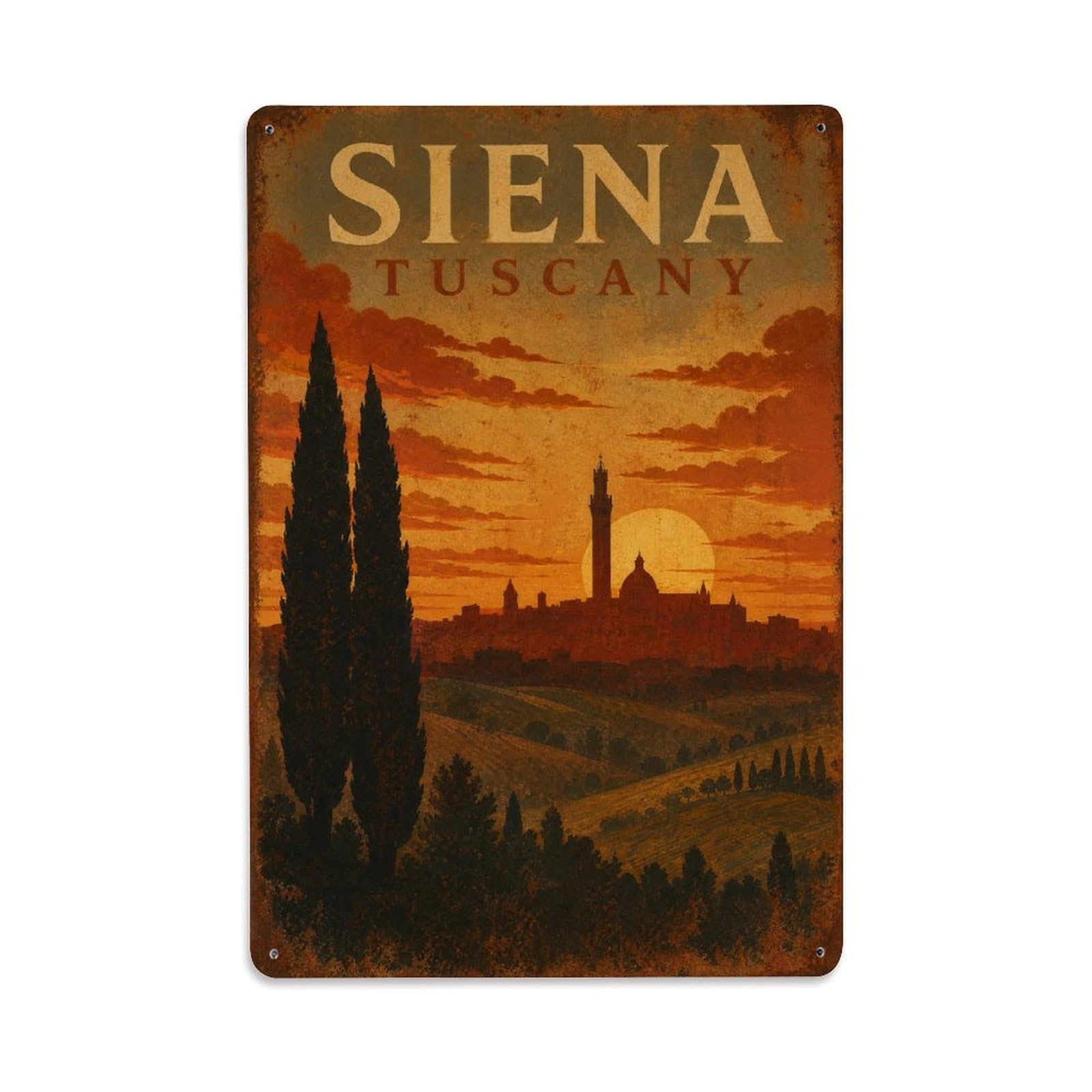Huiyhb 8X12inch(20X30cm) Vintage Travel Siena Tuscan Hills Sunset Silhouette Italy Metal Tin Sign