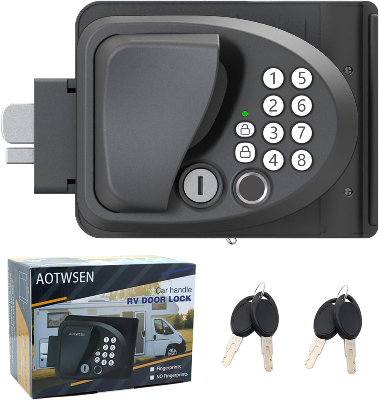 AOTWSEN Smart RV Door Lock Keyless Entry with Bluetooth APP, Fingerprint, Password & Key | 4-in-1 Replacement Lock for Trailer Camper Doors