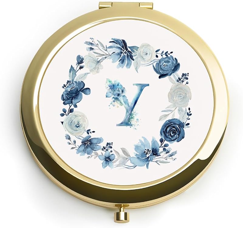Espelho compacto redondo QUSTGO com monograma floral personalizado, ampliação 1X e 2X, dourado, com caixa para presente